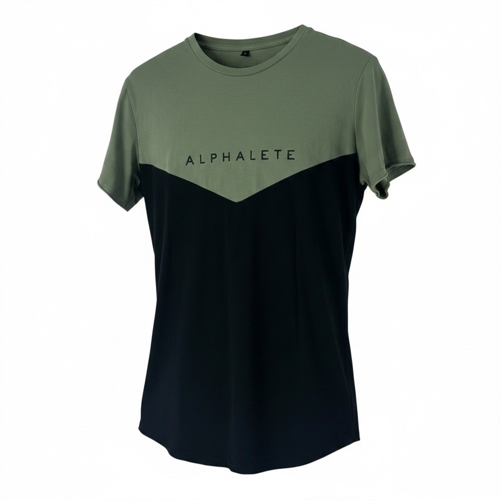 Alphalete Mens Short Sleeve Colorblock Gym Shirt Olive Green Black Size S